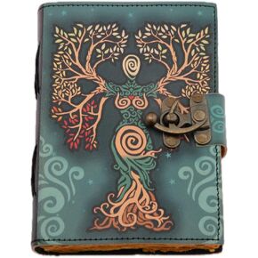 SimbaKart Hand Crafted Leather Spiral Goddess Journal, Writing Journal, Leather Cover Embossed Spiral Goddess, Turquoise Diary for Drawing Sketchbook Scrapbook Writing Notebook, Blank Unlined Pages.