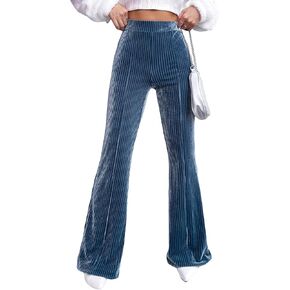 WDIRARA Women's Velvet Flare Leg High Waist Solid Comfy Palazzos Casual Bootcut Pants