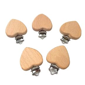 10pcs Natural Wood Suspender Pacifier Clips Cute Beech Wooden Animal Heart Shape Clips Charm DIY Beading Pacifier Chain Accessory