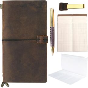 Leather Refillable Journal, Travelers Notebook for Men and Women, Handmade Gift Set with Journal and Stylish Pen, Vintage Notebook, Sketchbook, Planner and Travel Diary (5 Inserts) (8.5x4.5")
