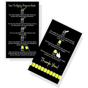 Press-On Nail Application Instructions Cards | 50 Pack | 2x3.5 inch Business Card Size | DIY Press-On Nail Kit | Black and Yellow Design