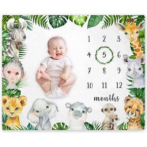 Safari Milestone Blanket, Jungle Animals Baby Growth Chart Monthly Blanket, Watch Me Grow Jungle Wild Baby Nursery for New Moms Baby Shower(50"x40")