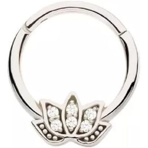 Pierced Owl 16GA 316L Stainless Steel CZ Crystal Lotus Flower Front Facing Hinged Segment Ring