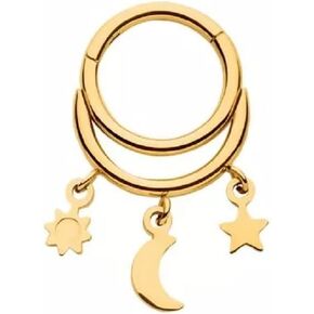 Pierced Owl 16GA 316L Stainless Steel Double Hoop with Sun, Star and Crescent Moon Dangling Charms Hinged Segment Clicker Ring