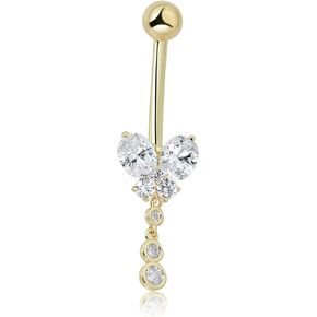 AVORA 10K Gold Simulated Diamond CZ Dangling Butterfly Belly Button Ring Body Jewelry (14 Gauge)