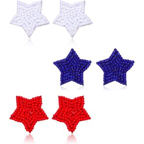 3 Pairs American Flag Stud Earrings for Women Patriotic Red White Blue Stars Beaded Earrings 4th of July Independence Day Holiday Jewelry Gifts (3PCS star stud)
