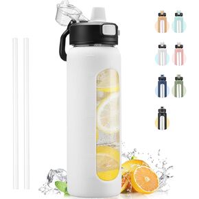 Kodrine Water Bottle With Straw and Carry Handle, Glass Water Bottle 24 oz Leak Proof Locking Lid with Soft Silicone Spout, Small Clear Water Bottle, Travel Sports Water Jug, Time Marker, Amber