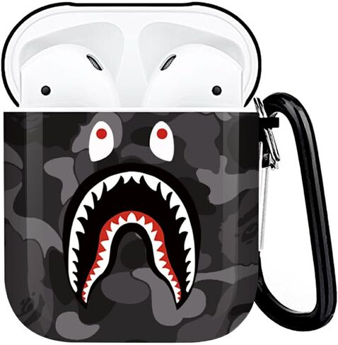 Shark Teeth Softshell Silicone Camouflage Airpods Case, IMD Case Shockproof Case Skin with Key Ring, Suitable for Apple Airpods 1 & 2 Charging Box (Black) in Saudi Arabia