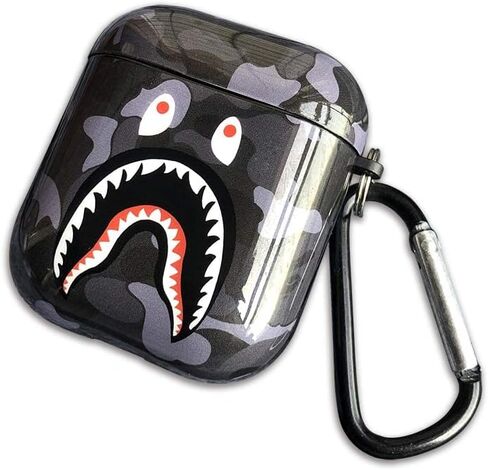 Shark Teeth Softshell Silicone Camouflage Airpods Case, IMD Case Shockproof Case Skin with Key Ring, Suitable for Apple Airpods 1 & 2 Charging Box (Black) in Saudi Arabia