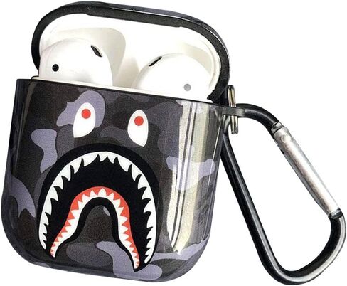 Shark Teeth Softshell Silicone Camouflage Airpods Case, IMD Case Shockproof Case Skin with Key Ring, Suitable for Apple Airpods 1 & 2 Charging Box (Black) in Saudi Arabia