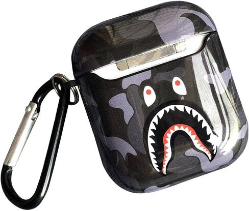 Shark Teeth Softshell Silicone Camouflage Airpods Case, IMD Case Shockproof Case Skin with Key Ring, Suitable for Apple Airpods 1 & 2 Charging Box (Black) in Saudi Arabia