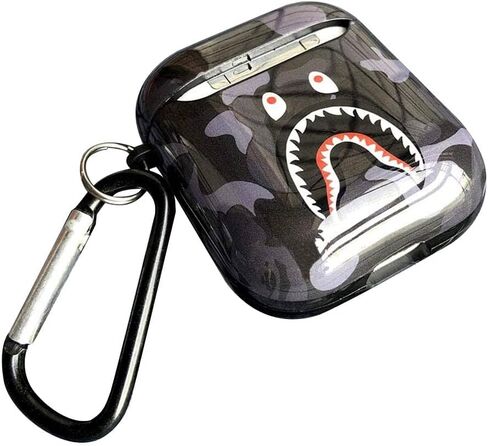 Shark Teeth Softshell Silicone Camouflage Airpods Case, IMD Case Shockproof Case Skin with Key Ring, Suitable for Apple Airpods 1 & 2 Charging Box (Black) in Saudi Arabia