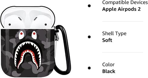 Shark Teeth Softshell Silicone Camouflage Airpods Case, IMD Case Shockproof Case Skin with Key Ring, Suitable for Apple Airpods 1 & 2 Charging Box (Black) in Saudi Arabia
