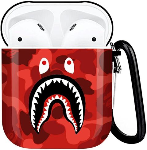 Shark Teeth Softshell Silicone Camouflage Airpods Case, IMD Case Shockproof Case Skin with Key Ring, Suitable for Apple Airpods 1 & 2 Charging Box (Black) in Saudi Arabia