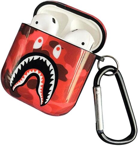 Shark Teeth Softshell Silicone Camouflage Airpods Case, IMD Case Shockproof Case Skin with Key Ring, Suitable for Apple Airpods 1 & 2 Charging Box (Black) in Saudi Arabia