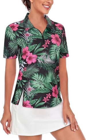 LURANEE Women's Short Sleeve Golf Shirt UPF 50+Zip Up Quick Dry Tennis Polo Workout Tops Slit Zipper at Hem in Saudi Arabia