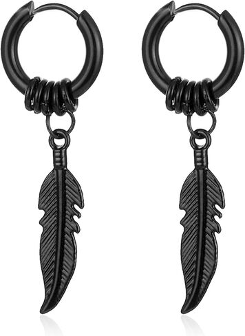 KaFu Surgical Stainless Steel Huggie Hinged Hoop Earrings Punk Hip Hop Cool Goth Black Silver Feather Drop Dangle Earrings for Men Women in Saudi Arabia