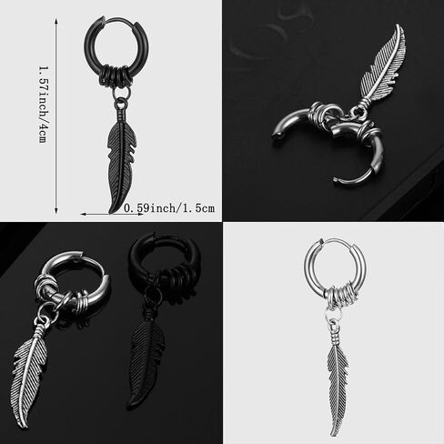 KaFu Surgical Stainless Steel Huggie Hinged Hoop Earrings Punk Hip Hop Cool Goth Black Silver Feather Drop Dangle Earrings for Men Women in Saudi Arabia