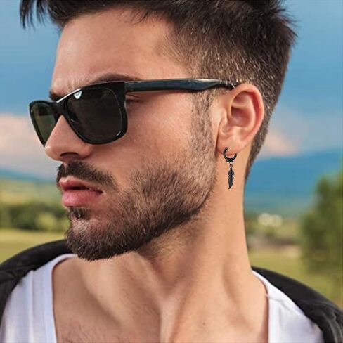 KaFu Surgical Stainless Steel Huggie Hinged Hoop Earrings Punk Hip Hop Cool Goth Black Silver Feather Drop Dangle Earrings for Men Women in Saudi Arabia