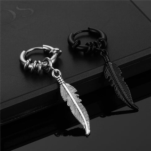 KaFu Surgical Stainless Steel Huggie Hinged Hoop Earrings Punk Hip Hop Cool Goth Black Silver Feather Drop Dangle Earrings for Men Women in Saudi Arabia