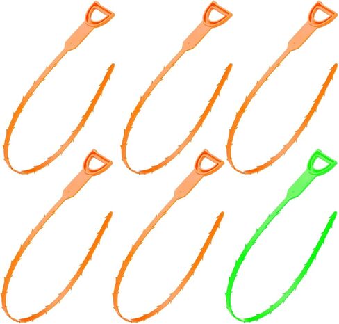 POPULO 6-Pack Hair Drain Clog Remover - 25-Inch Snake Tool for Bathtubs and Bathrooms - Includes 5 Orange and 1 Green Removers in Kuwait