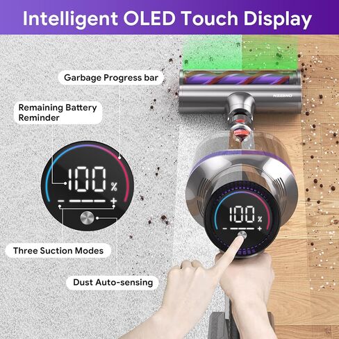 Cordless Vacuum Cleaner, 530W/38Kpa Stick Vacuum Cleaner with 2 Dust Cups Design, 8 in 1 Vacuum Cleaner Pet Hair with OLED Touch Screen for Home/Pet Hair/Carpet/Hard Floor/Car Cleaning in Saudi Arabia