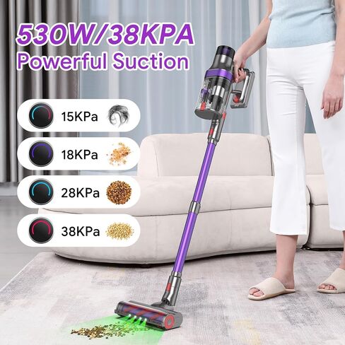 Cordless Vacuum Cleaner, 530W/38Kpa Stick Vacuum Cleaner with 2 Dust Cups Design, 8 in 1 Vacuum Cleaner Pet Hair with OLED Touch Screen for Home/Pet Hair/Carpet/Hard Floor/Car Cleaning in Saudi Arabia