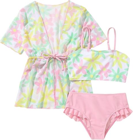 OYOANGLE Girl's 3 Piece Bikini Sets Floral Print Spaghetti Strap High Waist Swimsuit with Kimono Cover Ups in Saudi Arabia
