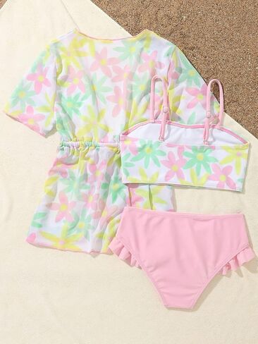 OYOANGLE Girl's 3 Piece Bikini Sets Floral Print Spaghetti Strap High Waist Swimsuit with Kimono Cover Ups in Saudi Arabia