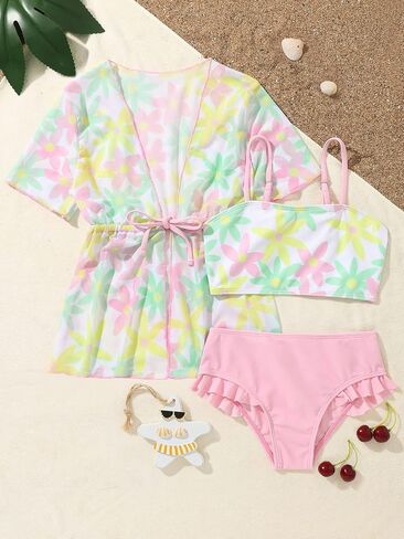 OYOANGLE Girl's 3 Piece Bikini Sets Floral Print Spaghetti Strap High Waist Swimsuit with Kimono Cover Ups in Saudi Arabia