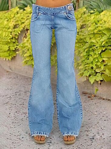 Flamingals Flare Jeans for Women Button Up Low Rise Jeans Stretch Boot Cut Jeans Denim Pants Sky Light Blue M in Saudi Arabia