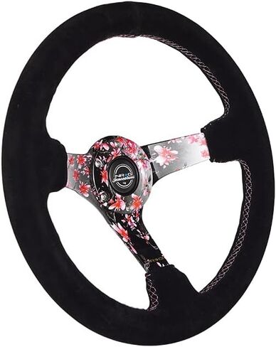 NRG Innovations NRG-RST-036SAK-S عجلة قيادة معززة بزهور ساكورا مغمورة بالماء بعمق 3 بوصات، 5 مم، 350 مم، جلد سويدي وردي مع خياطة بيسبول سوداء in Kuwait