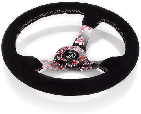 NRG Innovations NRG-RST-036SAK-S عجلة قيادة معززة بزهور ساكورا مغمورة بالماء بعمق 3 بوصات، 5 مم، 350 مم، جلد سويدي وردي مع خياطة بيسبول سوداء in Kuwait