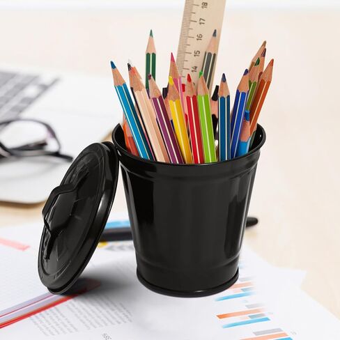 Luxshiny Mini Trash Can with Lid Metal Garbage Can Pencil Cup Holder Desktop Wastebasket Galvanized Flower Pot Planters for Home Office Kitchen Black in Saudi Arabia