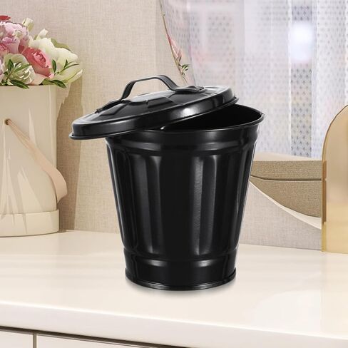 Luxshiny Mini Trash Can with Lid Metal Garbage Can Pencil Cup Holder Desktop Wastebasket Galvanized Flower Pot Planters for Home Office Kitchen Black in Saudi Arabia