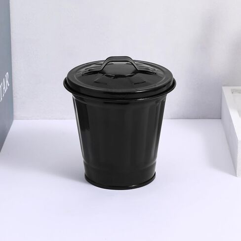 Luxshiny Mini Trash Can with Lid Metal Garbage Can Pencil Cup Holder Desktop Wastebasket Galvanized Flower Pot Planters for Home Office Kitchen Black in Saudi Arabia