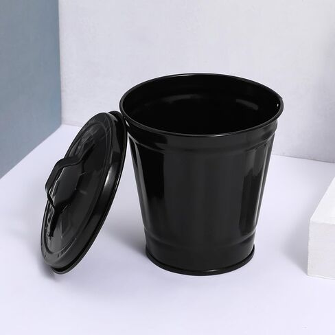 Luxshiny Mini Trash Can with Lid Metal Garbage Can Pencil Cup Holder Desktop Wastebasket Galvanized Flower Pot Planters for Home Office Kitchen Black in Saudi Arabia