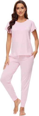 WiWi Womens Short Sleeve Pajama Sets Viscose from Bamboo Pajamas Soft Sleepwear Long Jogger Pants Loungewear S-XXL in Kuwait