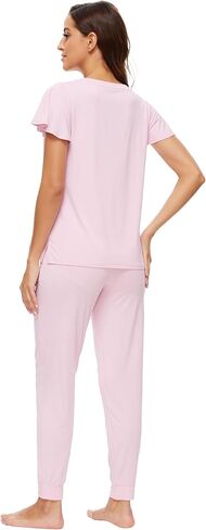 WiWi Womens Short Sleeve Pajama Sets Viscose from Bamboo Pajamas Soft Sleepwear Long Jogger Pants Loungewear S-XXL in Kuwait