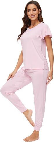 WiWi Womens Short Sleeve Pajama Sets Viscose from Bamboo Pajamas Soft Sleepwear Long Jogger Pants Loungewear S-XXL in Kuwait