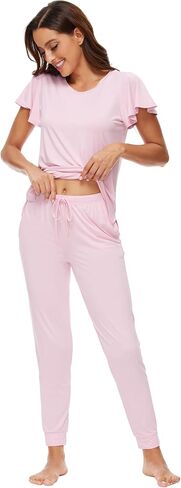 WiWi Womens Short Sleeve Pajama Sets Viscose from Bamboo Pajamas Soft Sleepwear Long Jogger Pants Loungewear S-XXL in Kuwait