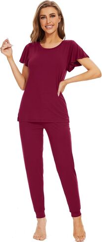 WiWi Womens Short Sleeve Pajama Sets Viscose from Bamboo Pajamas Soft Sleepwear Long Jogger Pants Loungewear S-XXL in Saudi Arabia