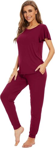 WiWi Womens Short Sleeve Pajama Sets Viscose from Bamboo Pajamas Soft Sleepwear Long Jogger Pants Loungewear S-XXL in Saudi Arabia
