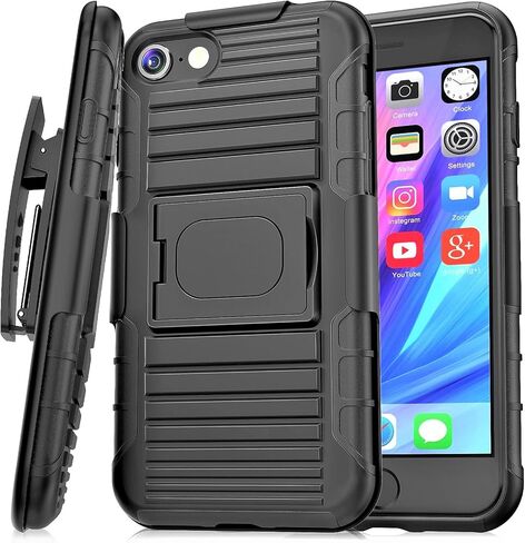 حافظة Stronden حافظة لهاتف iPhone SE (2022، 2020)، حافظة بمشبك حزام 7/8، حافظة رفيعة مع مشبك حزام دوار ومسند مدمج لهاتف iPhone SE (2020)، 7 و8 (أسود) in Kuwait