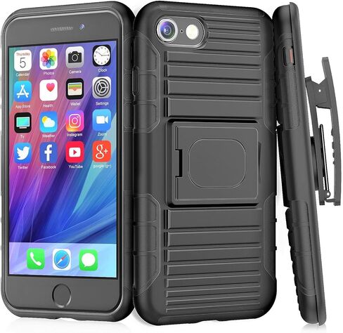 حافظة Stronden حافظة لهاتف iPhone SE (2022، 2020)، حافظة بمشبك حزام 7/8، حافظة رفيعة مع مشبك حزام دوار ومسند مدمج لهاتف iPhone SE (2020)، 7 و8 (أسود) in Kuwait