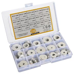230PCS Stainless Steel Flat Washers Assortment Set Rustproof Washers in 15 Sizes M3/M4/M5/M6/M8/M10/M12 for Home, Repair, Construction, and Factory Use