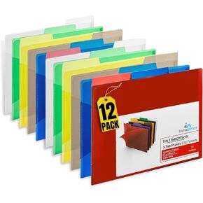 1InTheOffice Plastic File Folders, Poly File Folders, Translucent Poly File Folders, 1/3-cut, Top Tabs, Letter Size, Assorted, 12/Pack