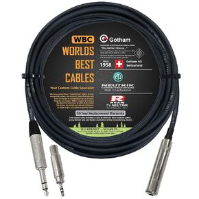 WORLDS BEST CABLES - 20 Foot - Gotham GAC-4/1 Star-Quad Stereo Headphone Extension Cable & Neutrik TRS Plug to Neutrik-Rean ¼ inch 3-Pole Jack + 3.5 mm Plug to ¼ inch Jack Adapter - Custom Made