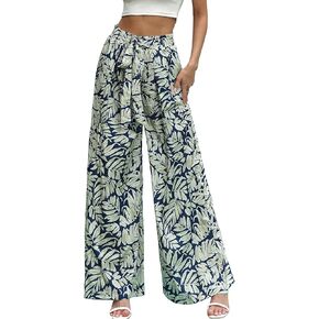 Womens Printed Wide Leg Pants Ruffle Elastic Drawstring Beach Vacation Palazzo Loose Comfy Trousers with Pockets
