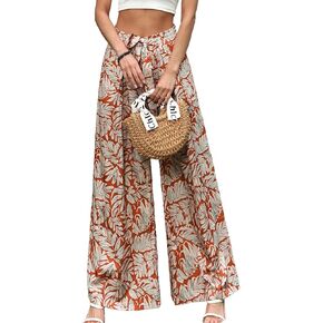 سراويل نسائية مطبوعة بأرجل واسعة مكشكشة برباط مطاطي لقضاء إجازة الشاطئ، سراويل فضفاضة ومريحة مع جيوب in Kuwait